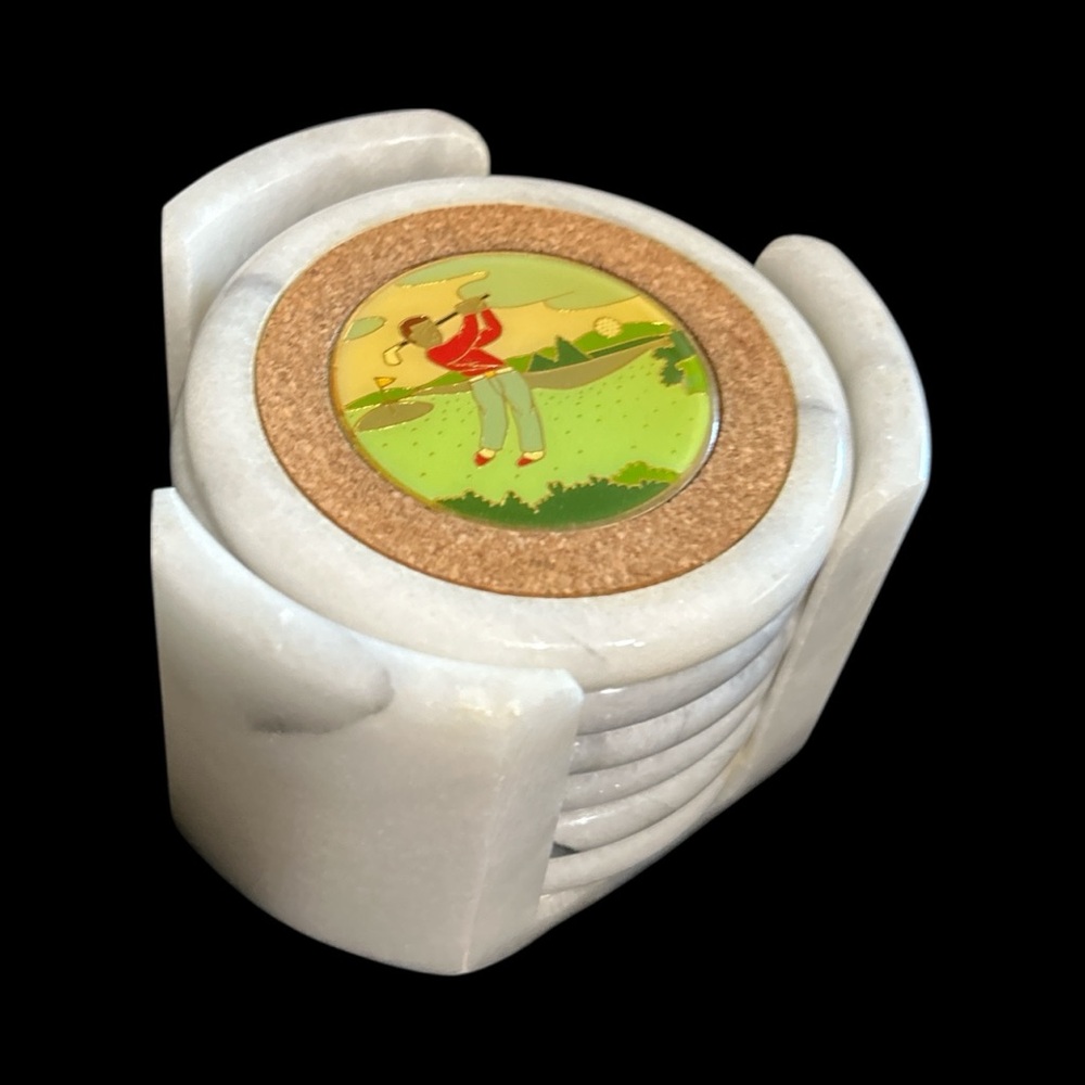 Golf Themed Marble Coaster Set with Holder